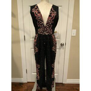 Free People Black, Red & White Paisley Print V-Neck Sleeveless Jumpsuit, Size S